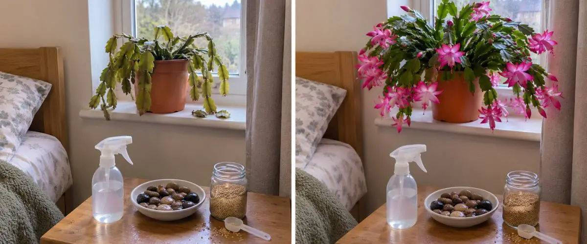 Christmas cactus before and after improved care, shown with a mist bottle, a pebble tray and plant food granules
