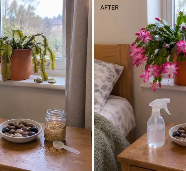 Christmas cactus before and after improved care, shown with a mist bottle, a pebble tray and plant food granules
