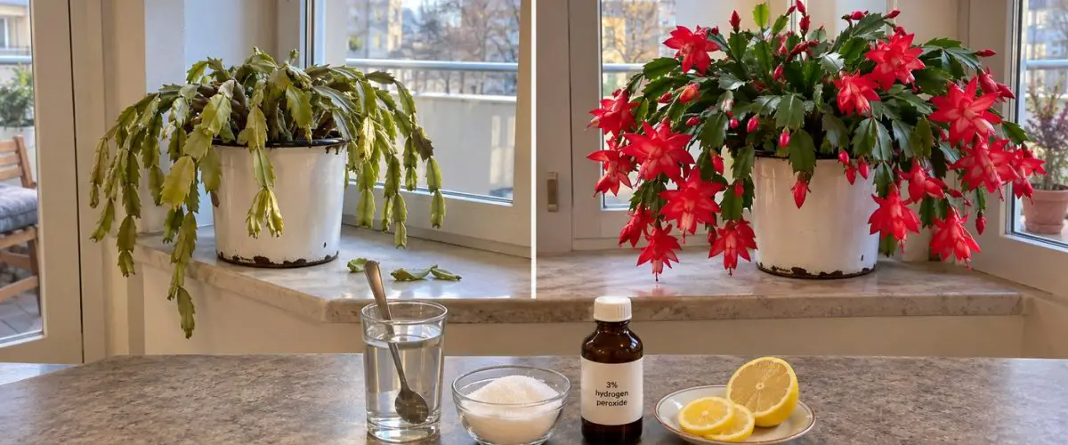 Christmas cactus before and after a kitchen pick-me-up of sugar water, hydrogen peroxide and lemon
