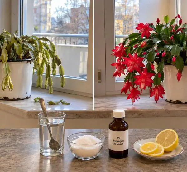 Christmas cactus before and after a kitchen pick-me-up of sugar water, hydrogen peroxide and lemon