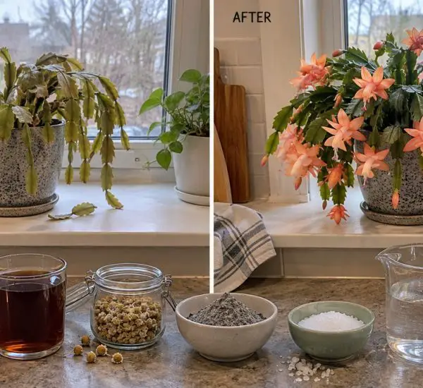 Christmas cactus before and after a natural bloom booster of wood ash, black tea and Epsom salt