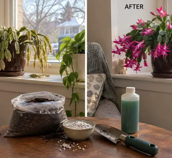 Christmas cactus before and after, shown with a bag of potting mix, perlite and liquid plant food